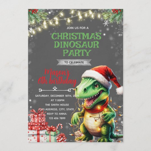 Christmas Dinosaur Birthday Invite Kaart (Voorkant)