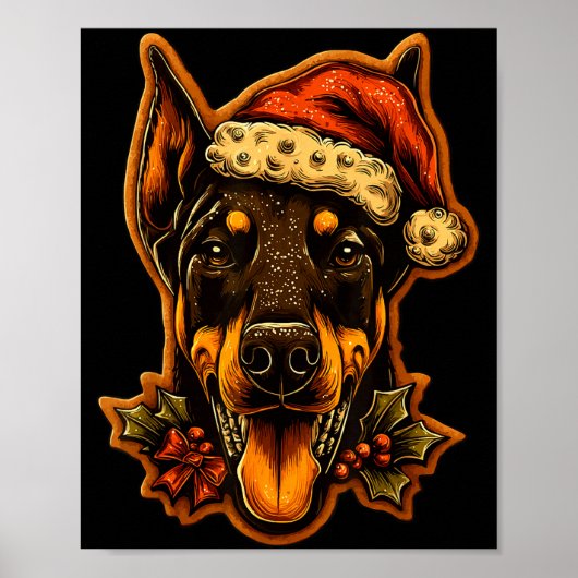 Christmas Doberman Dog With Santa Hat Gingerbread  Poster (Voorkant)