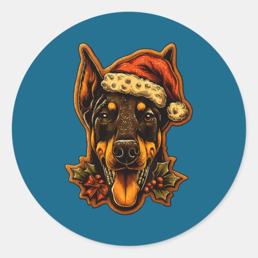 Christmas Doberman Dog With Santa Hat Gingerbread Ronde Sticker (Voorkant)