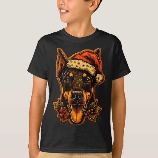 Christmas Doberman Dog With Santa Hat Gingerbread  T-shirt (Voorkant)