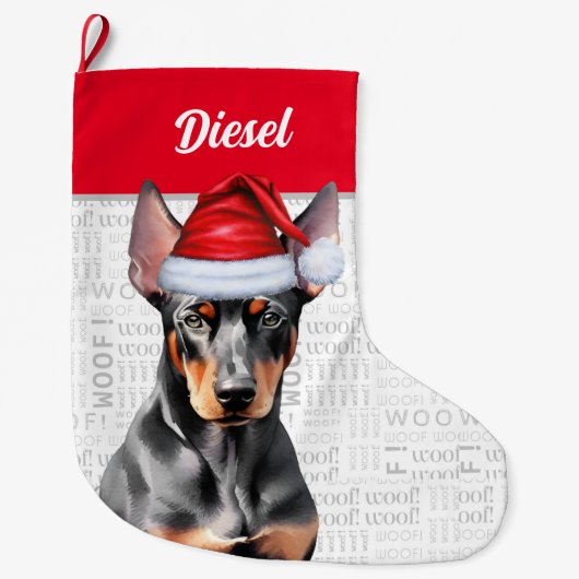Christmas Doberman Pinscher Santa with Dog's Name Grote Kerstsok (Voorkant)