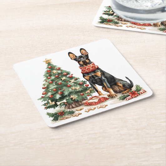 Christmas Dobermann Honden Kartonnen Onderzetters (Schuin)