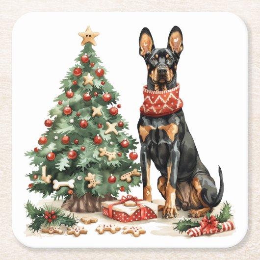 Christmas Dobermann Honden Kartonnen Onderzetters (Voorkant)