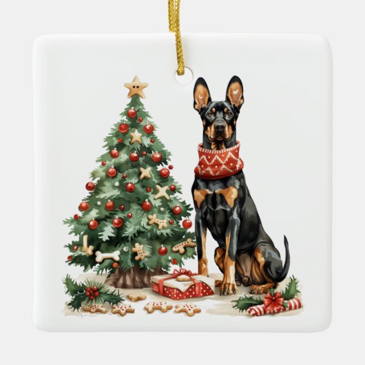 Christmas Dobermann Honden Keramisch Ornament (Voorkant)