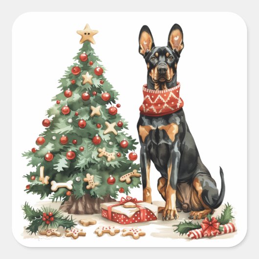 Christmas Dobermann Honden Vierkante Sticker (Voorkant)