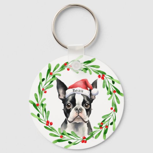 Christmas Dog Boston Terrier Terrier Feestdagen Pe Sleutelhanger (Voorkant)
