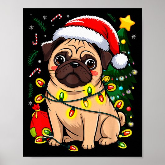 Christmas Dog Santa Clause Pug Puppy X-mas  Poster (Voorkant)