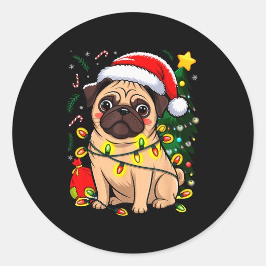 Christmas Dog Santa Clause Pug Puppy X-mas Ronde Sticker (Voorkant)