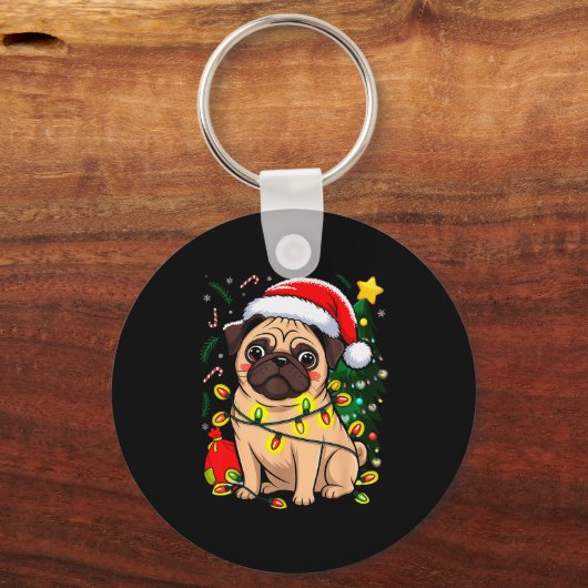 Christmas Dog Santa Clause Pug Puppy X-mas Sleutelhanger (Voorkant)