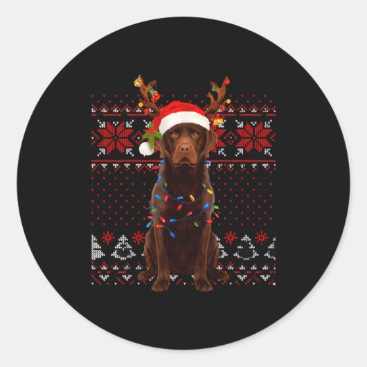 Christmas Dog With Hat And Lights - Funny Holiday Ronde Sticker (Voorkant)