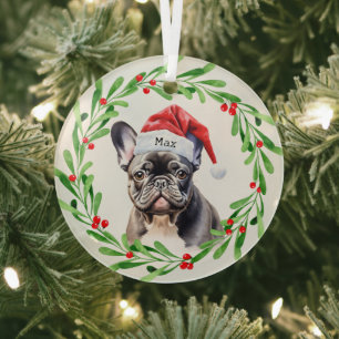 Christmas Dog Zwart Frenchie Frans Bulldog Santa Glas Ornament