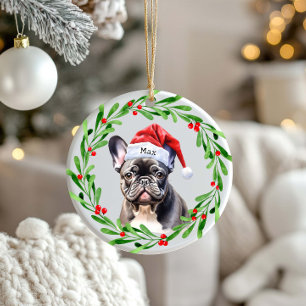 Christmas Dog Zwart Frenchie Frans Bulldog Santa Keramisch Ornament