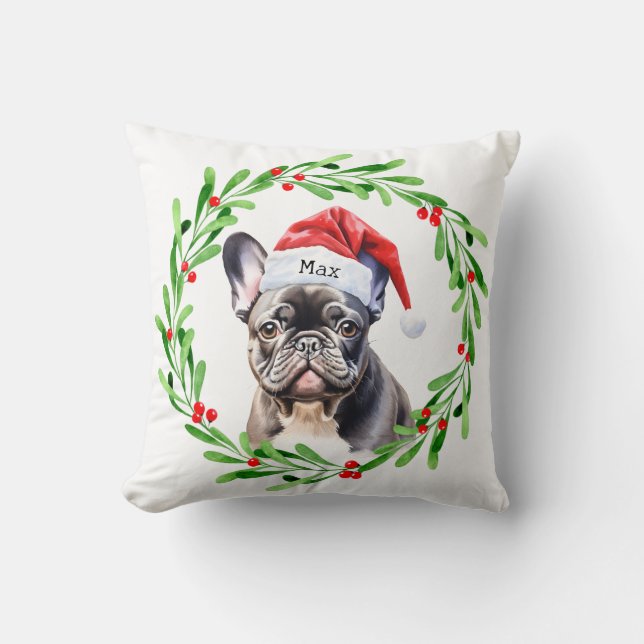 Christmas Dog Zwart Frenchie Frans Bulldog Santa Kussen (Voorkant)