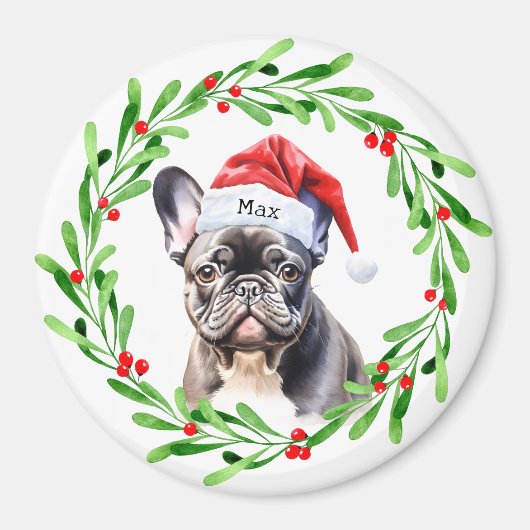 Christmas Dog Zwart Frenchie Frans Bulldog Santa Magneet (Voorkant)