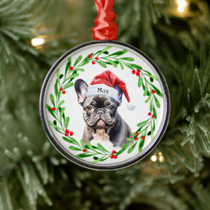 Christmas Dog Zwart Frenchie Frans Bulldog Santa Metalen Ornament