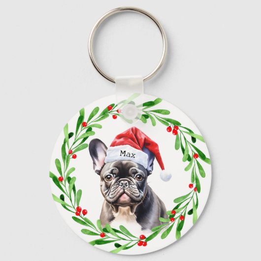 Christmas Dog Zwart Frenchie Frans Bulldog Santa Sleutelhanger (Voorkant)