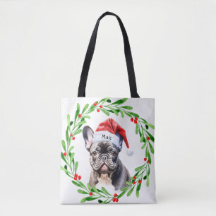 Christmas Dog Zwart Frenchie Frans Bulldog Santa Tote Bag
