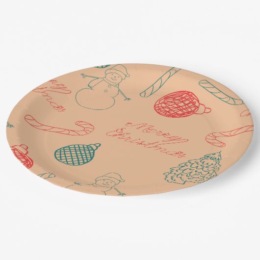 Christmas Doodle Pattern | Snowmen, Trees & Candy Papieren Bordje (Gekanteld)