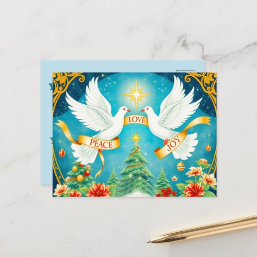 Christmas Doves, Christmas Tree, Love,Peace, Joy Briefkaart (Voorkant / Achterkant in situ)