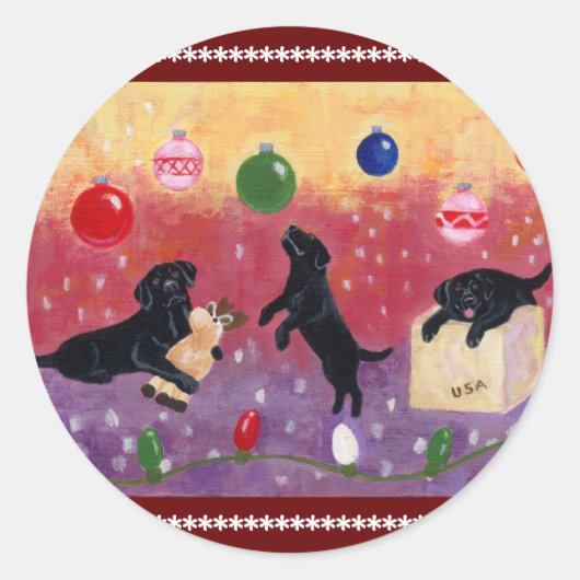 Christmas Dreaming Black Lab Ronde Sticker (Voorkant)