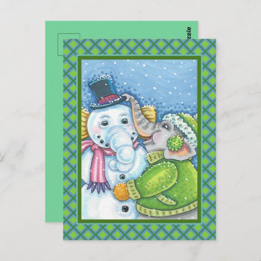 CHRISTMAS ELEPHANT BOUWT CUTE PACHYDERM SNOWMAN BRIEFKAART (Voorkant / Achterkant)