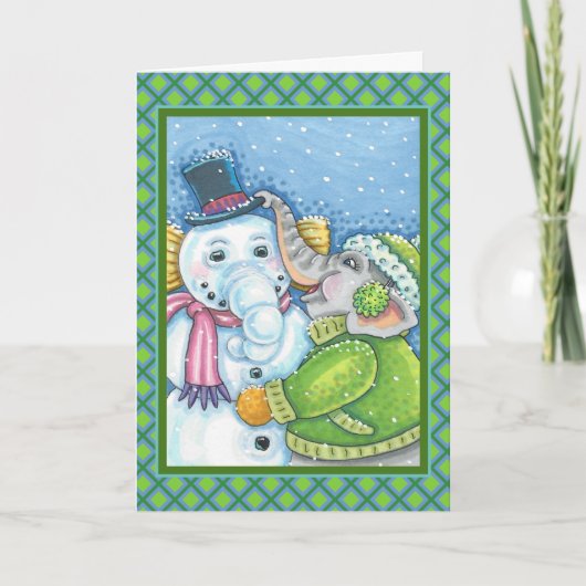 CHRISTMAS ELEPHANT BOUWT CUTE PACHYDERM SNOWMAN FEESTDAGEN KAART (Voorkant)