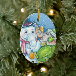 CHRISTMAS ELEPHANT BOUWT CUTE PACHYDERM SNOWMAN KERAMISCH ORNAMENT