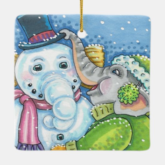 CHRISTMAS ELEPHANT BOUWT CUTE PACHYDERM SNOWMAN KERAMISCH ORNAMENT (Achterkant)