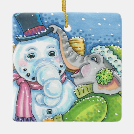 CHRISTMAS ELEPHANT BOUWT CUTE PACHYDERM SNOWMAN KERAMISCH ORNAMENT (Voorkant)