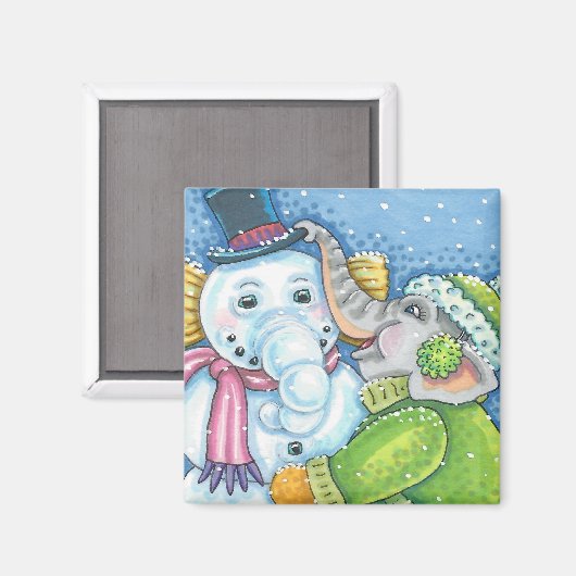 CHRISTMAS ELEPHANT BOUWT CUTE PACHYDERM SNOWMAN MAGNEET (Voorkant / Achterkant)
