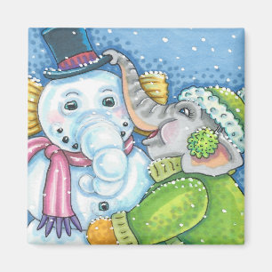 CHRISTMAS ELEPHANT BOUWT CUTE PACHYDERM SNOWMAN MAGNEET