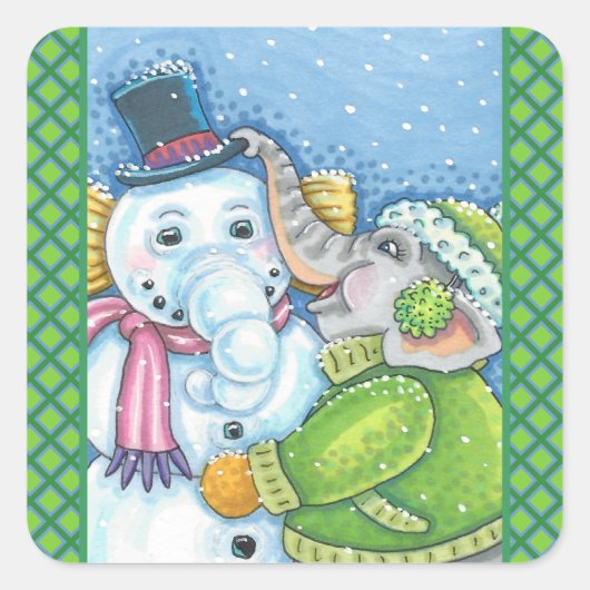 CHRISTMAS ELEPHANT BOUWT CUTE PACHYDERM SNOWMAN VIERKANTE STICKER (Voorkant)