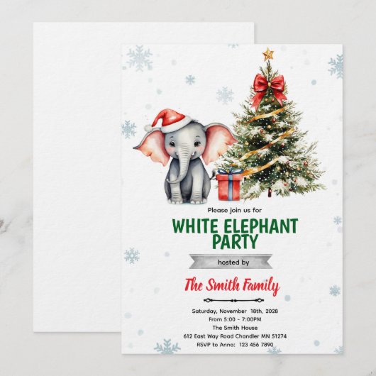  Christmas Elephant Party Invitation Kaart (Voorkant / Achterkant)