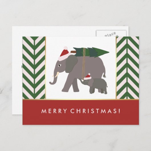 Christmas Elephants with Hats, Tree, and Chevron Feestdagenkaart (Voorkant / Achterkant)