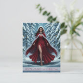 Christmas Elf in Red in Snowy Winter Forest Feestdagenkaart (Staand voorkant)