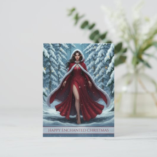 Christmas Elf in Red in Snowy Winter Forest Feestdagenkaart (Staand voorkant)