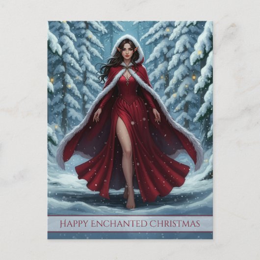 Christmas Elf in Red in Snowy Winter Forest Feestdagenkaart (Voorkant)