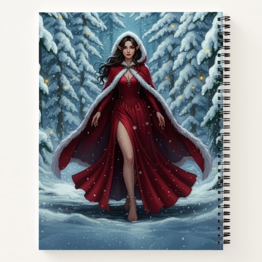 Christmas Elf in Red in Snowy Winter Forest Notitieboek (Achterkant)