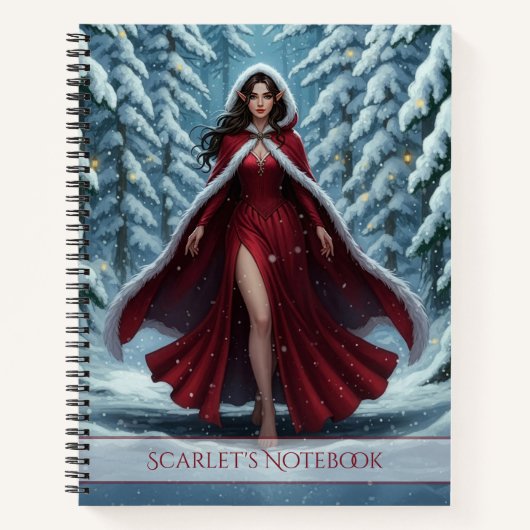 Christmas Elf in Red in Snowy Winter Forest Notitieboek (Voorkant)