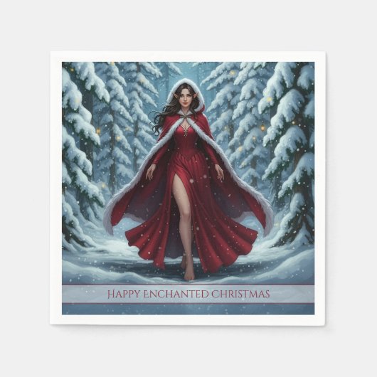 Christmas Elf in Red in Snowy Winter Forest Servet (Voorkant)