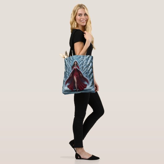 Christmas Elf in Red in Snowy Winter Forest Tote Bag (Op model)