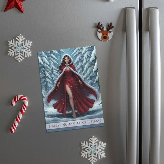 Christmas Elf in Red in Winter Forest Magnet Card