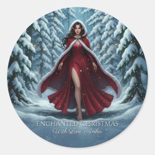 Christmas Elf in Red in Winter Forest Magnet Card Ronde Sticker (Voorkant)