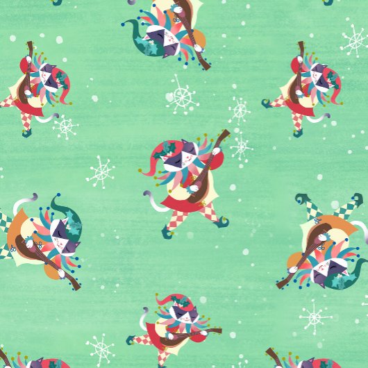 Christmas Elf Jester Cat Mint Green Cadeaupapier