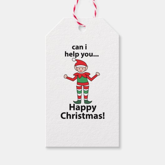 Christmas Elf Kan ik u helpen Happy Christmas Elf Cadeaulabel (Voorkant)