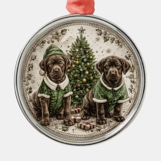Christmas Elf Labrador Retriever Puppy Metalen Ornament (Voorkant)