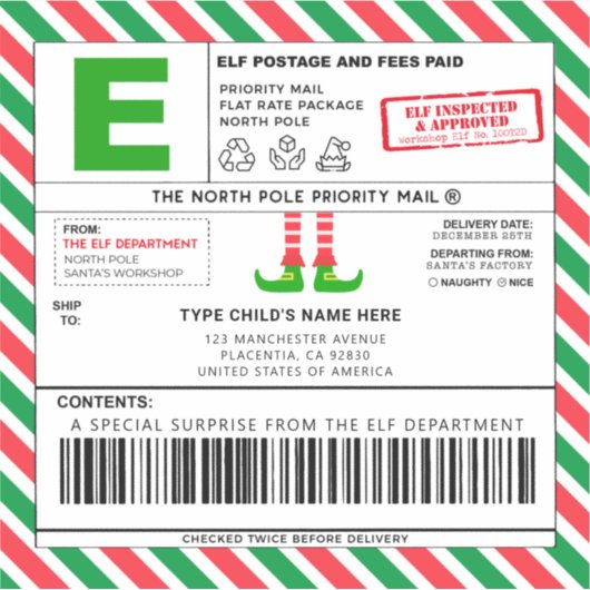 Christmas Elf North Pole Address Shipping Labels (Voorkant)
