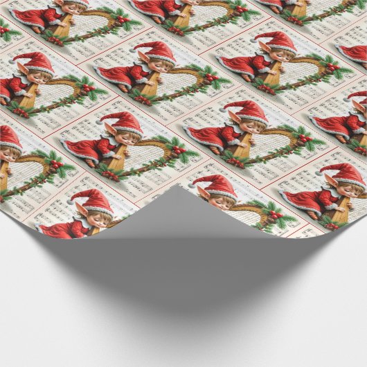 Christmas Elf Playing a Harp Cadeaupapier (Hoek)
