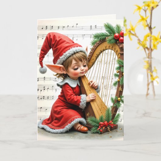 Christmas Elf Playing a Harp Kaart (Gele Bloem)