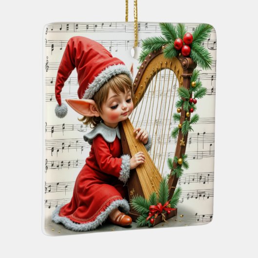 Christmas Elf Playing a Harp Keramisch Ornament (Rechts)
